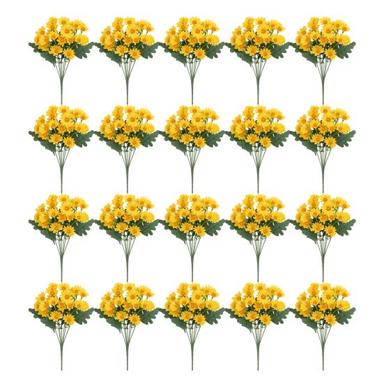 20Pcs Artificial Chrysanthemum 20 Head UV Resistant Fake Silk Flower with Green Leaves Autumn Indoor Outdoor Garden Table Centerpiece Faux Bloom