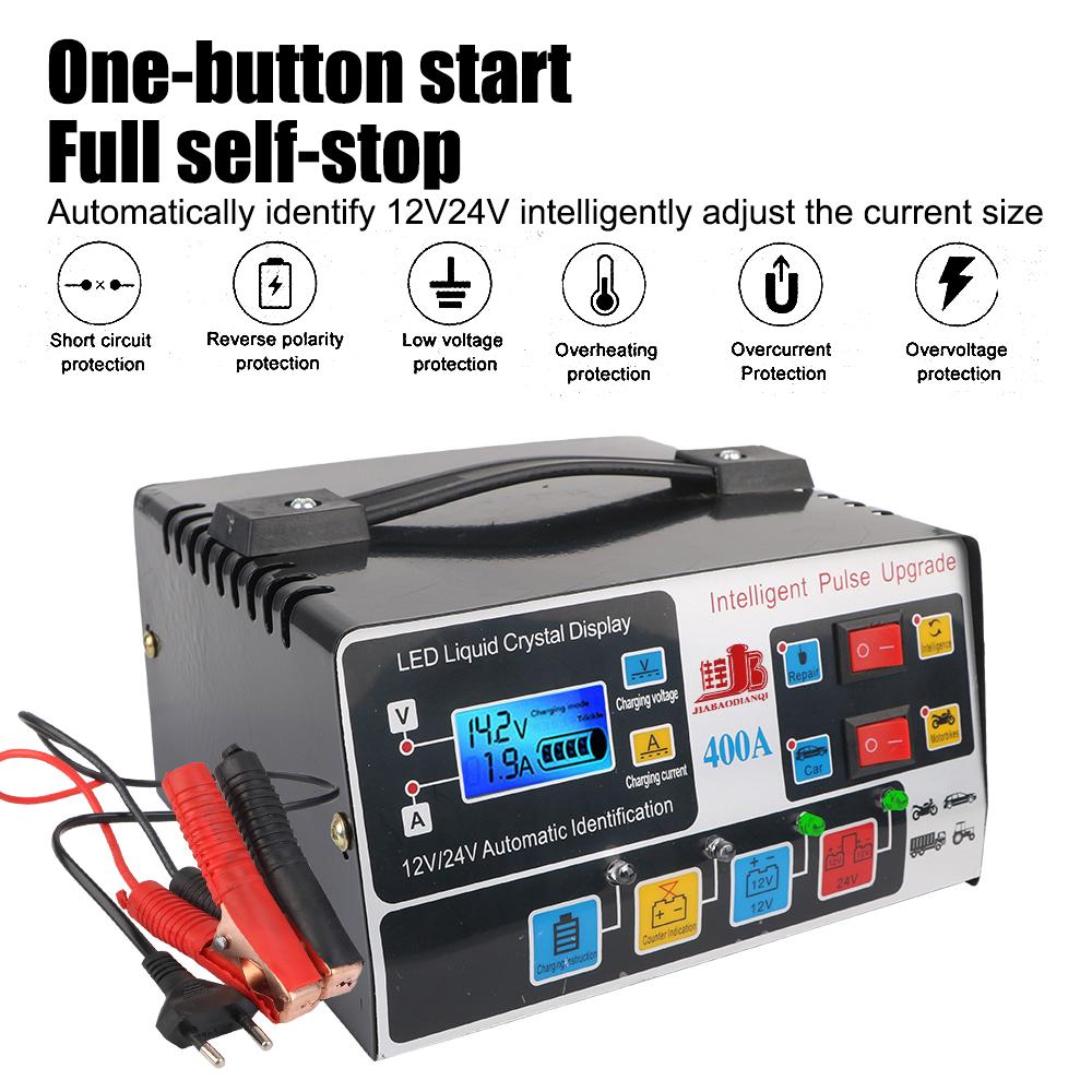 Pulse Repair 12V/24V 220W High Frequency For SUV Truck Boat Motorcycle Fully Automatic Car Battery Charger Intelligent EU Plug LCD Display