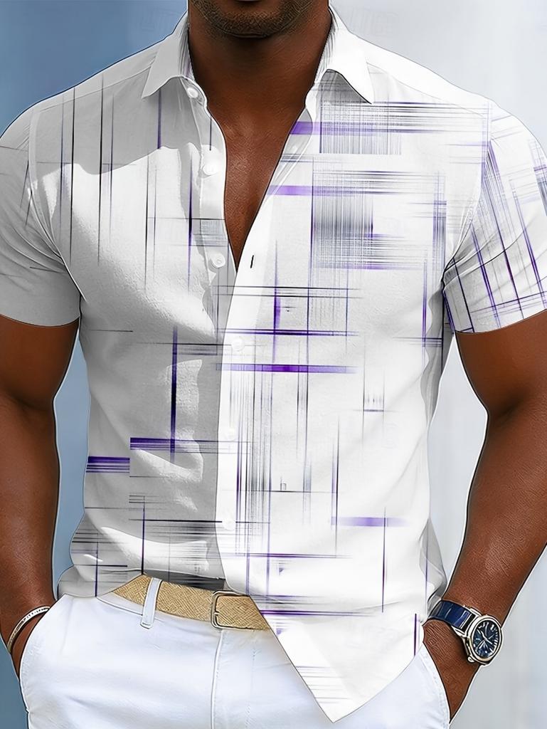 2026 Vintage Estate Uomo Camicie a Quadri Geometrici a Griglia Manica Corta Collo a Revers Stampa 3D Camicie Hawaiane per Vacanze Abbigliamento Casual da Uomo