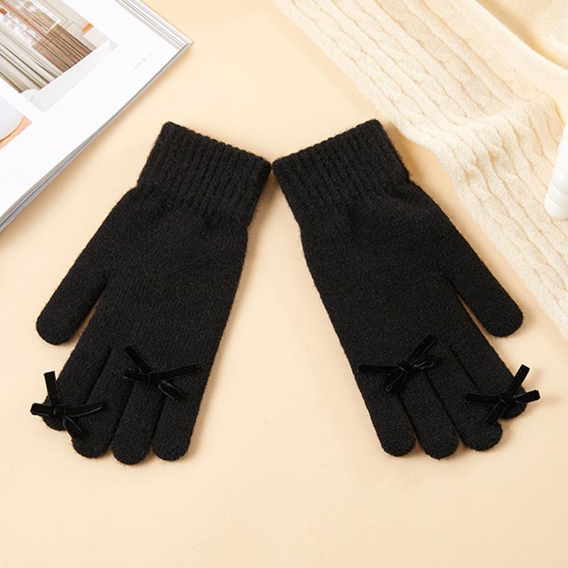 Five-finger Solid Color Warm Knitted Gloves for Women Bow-knot Cold-proof Gloves