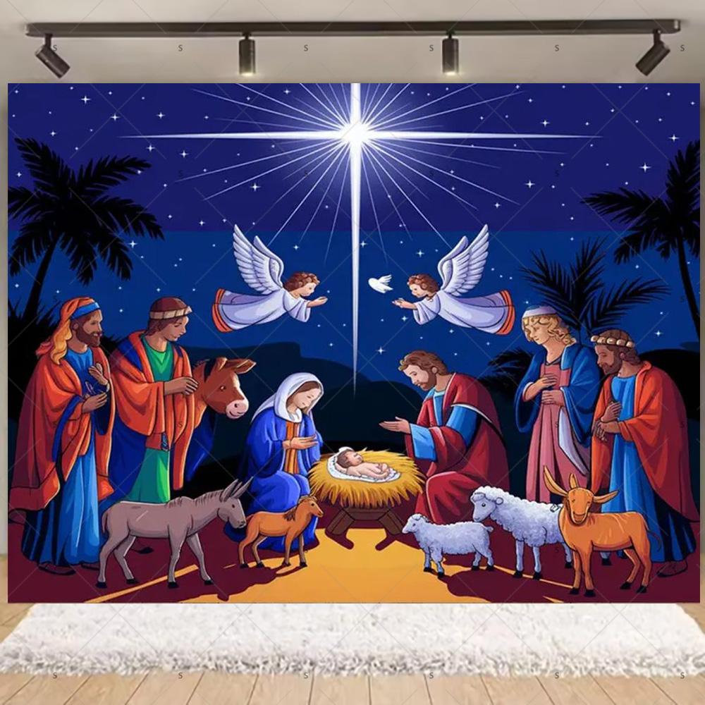 Nativity Scene Background Banner Starry Night Traditional Christmas Religious Jesus Backdrop Supplies Christmas Party Decoration