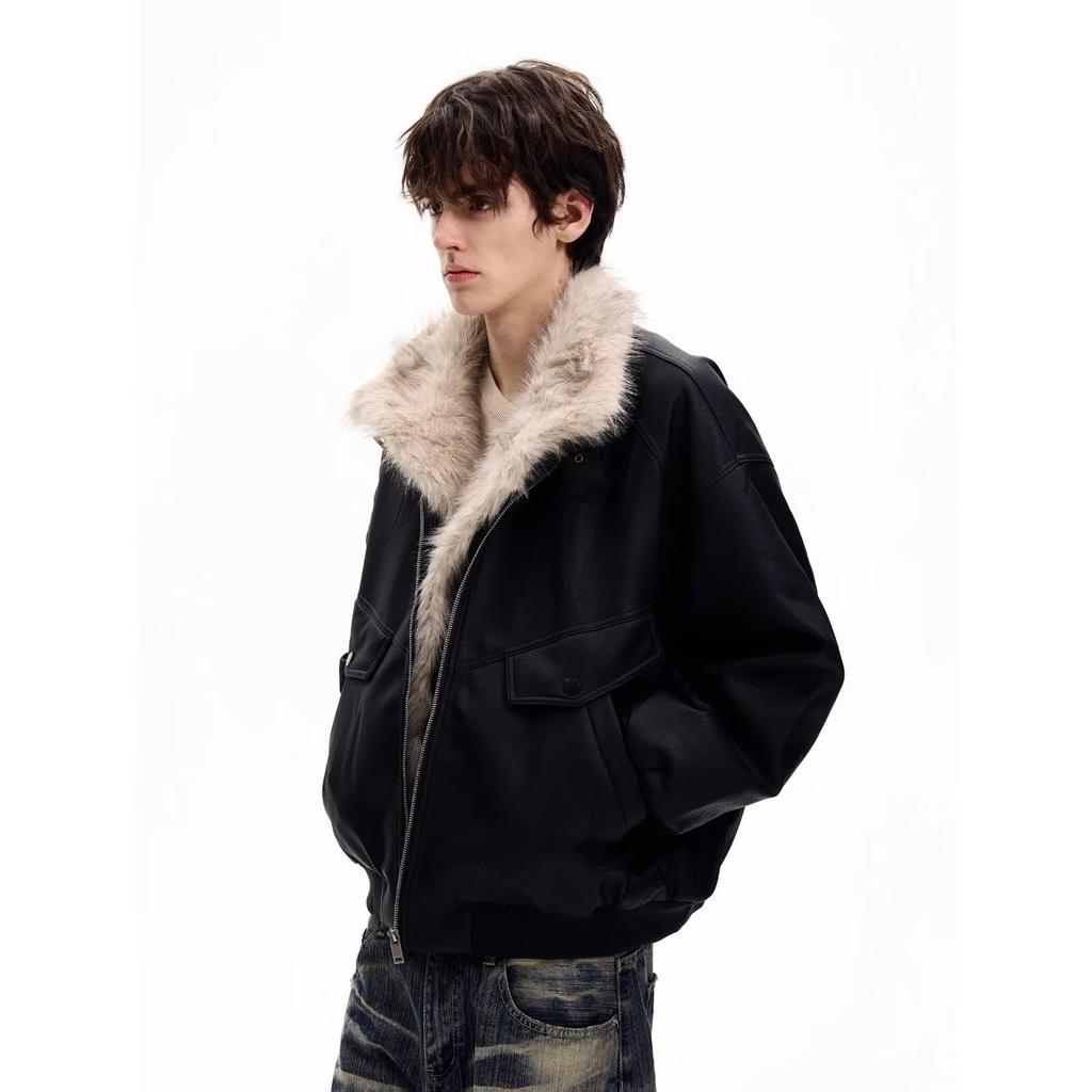 Autumn and winter national tide brand couple American retro mountain carving fur collar jacket padded cotton thickened warm cotton clothes black spot