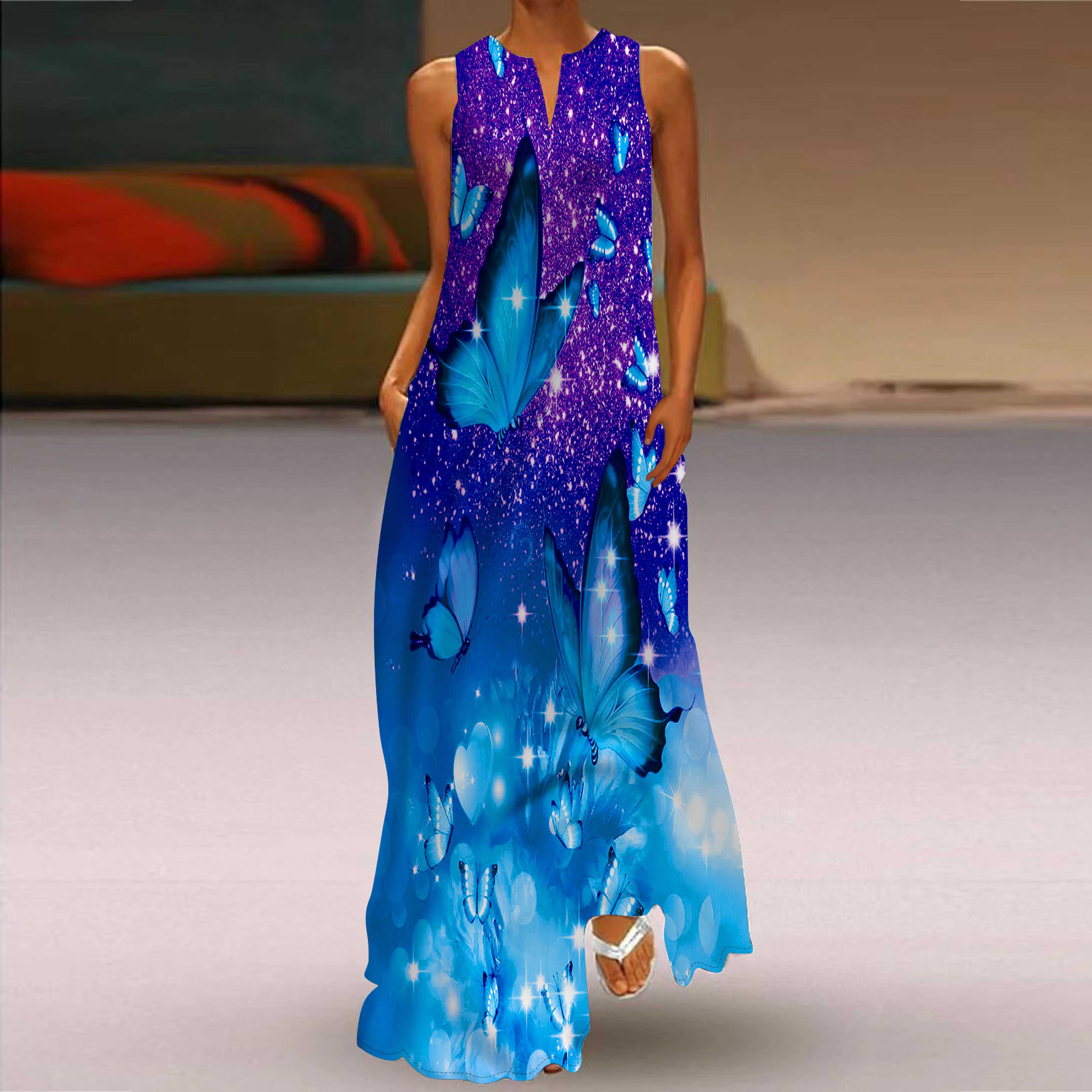 

Жен. Платье А-силуэта Макси Длинные без рукавов С принтом Звездная бабочка Осень/зима V-образный вырез Ретро Стиль Элегантный XXL темно-синий