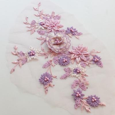 Mesh Bottom Floral Embroidered Patches Pearl Stamen Wedding Dress Stickers DIY Clothing Decoration
