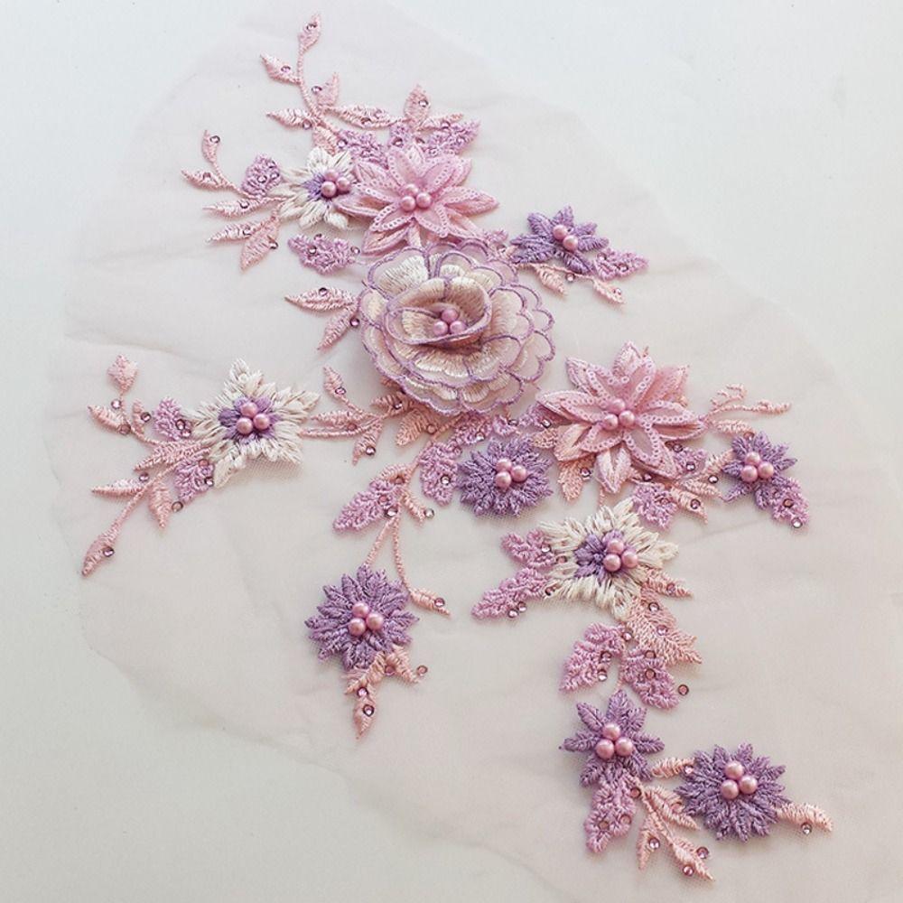 

Pearl Stamen Floral Embroidered Patches Mesh Bottom Flower Patches DIY Clothing Decoration фіолетовий/рожевий