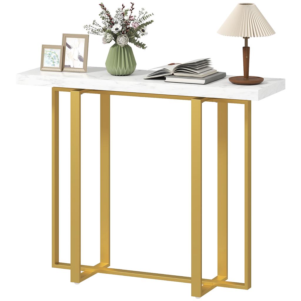 Console Table with Faux Marble Top, 100 Cm Narrow Entryway Table with Anti-tipping Device, Steel Frame, White