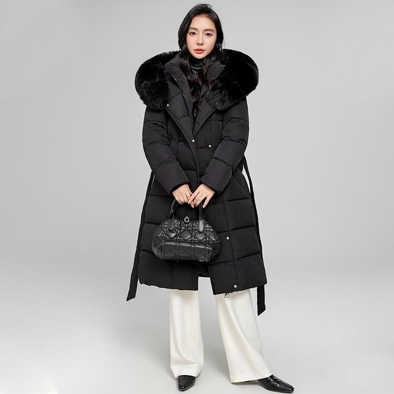 Womens Long Puffer Coat With Faux Fur Trim Hood Knee-Length Warm Winter Jacket Slim Fit Drawstring Waist