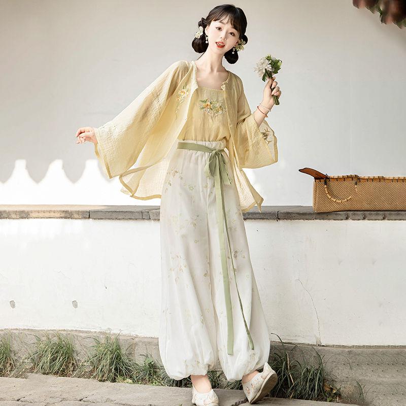 Cămașă cu gât rotund și pantaloni bufant hanfu în stilul dinastiei Song chineze pentru femei, costum de zi cu zi de primăvară și vară