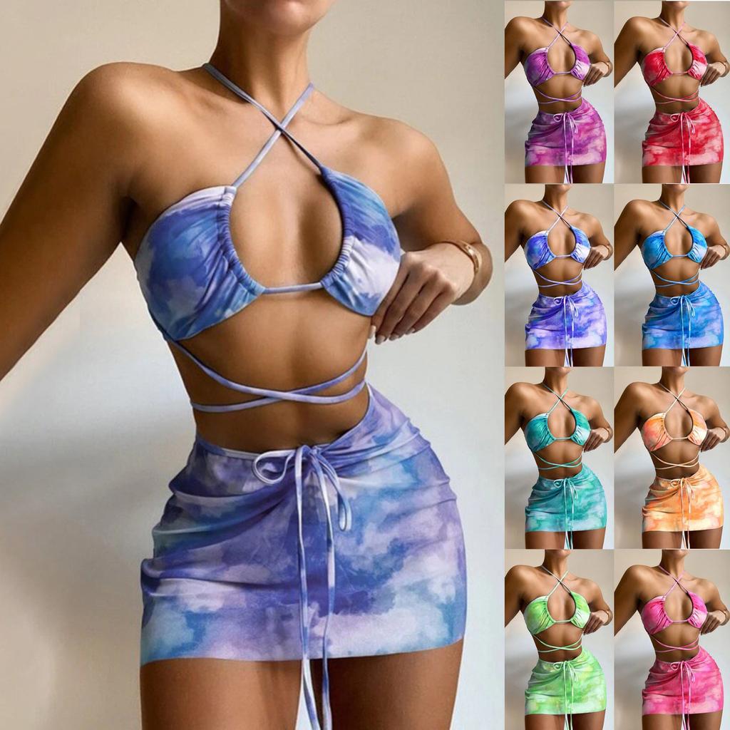 Women's Summer Fashion Sexy Marble-print Backless Lace-up  Waist Pleated Knotted Bikini Three-pieces Swimsuit