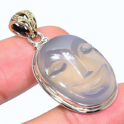 Natural Agate Face Gemstone 925 Sterling Silver Gift Two Tone Pendant 1.65" D6N62