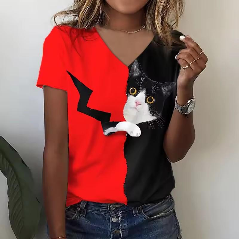 

3D забавные кошки принт футболки женские V-образный вырез короткий рукав повседневная мода кавайная графика футболка свободного покроя женская одежда для девочек 6XL