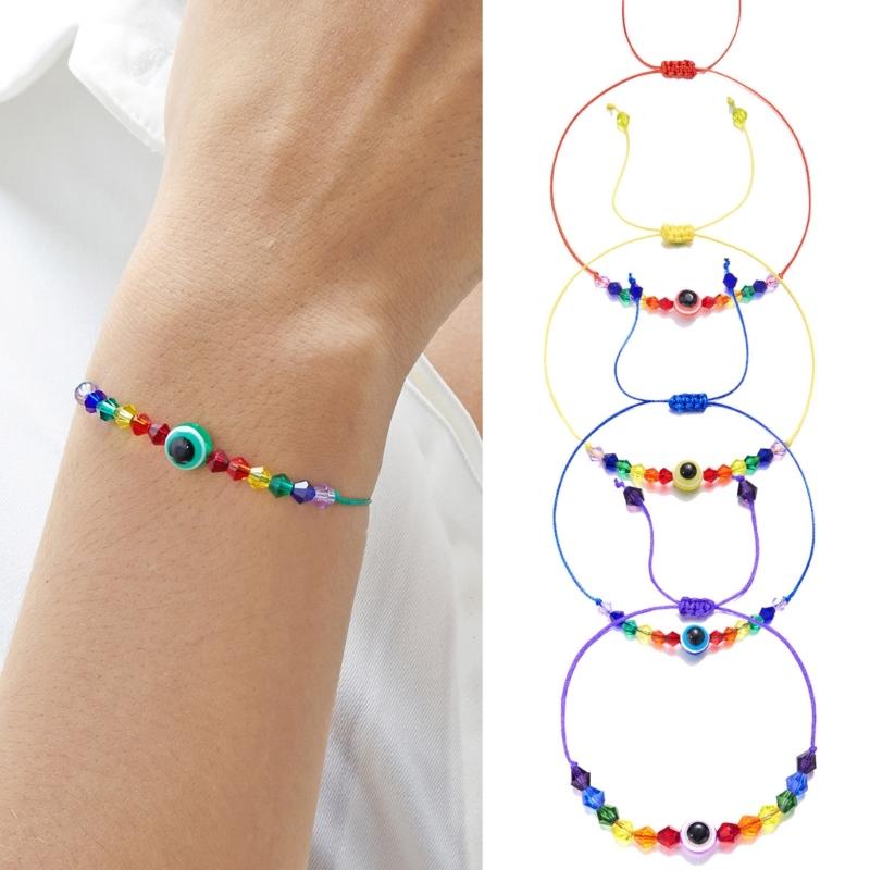 Handcrafted Rainbow Bead Bracelets Adjustable Size Knotted Rope Evil Eye Hanadchain Rainbow Bead Bracelets Women Girl