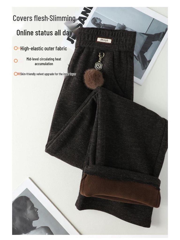 Autumn/Winter 2025 High-Waist Loose Pants for Seniors - Thick Casual Straight-Leg with Pockets