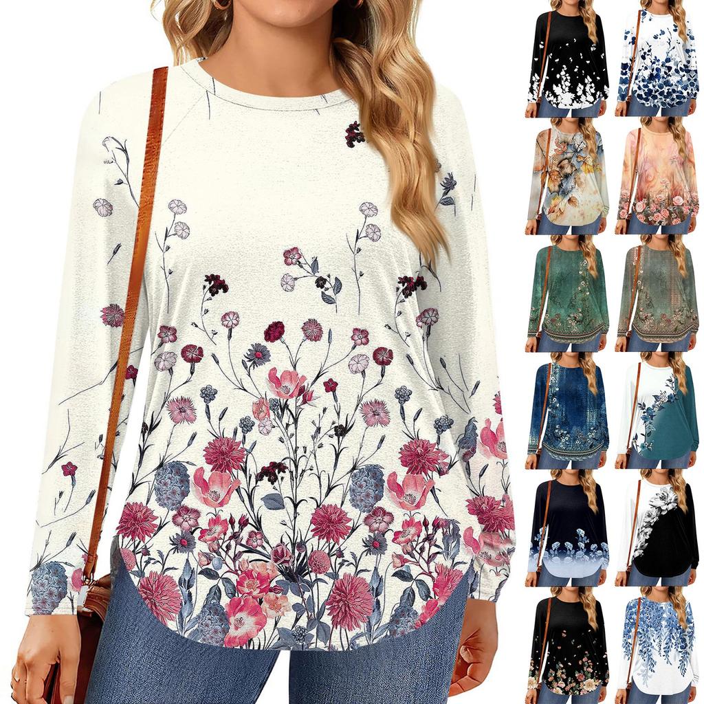Womens Plus Size Tops Long Sleeve Shirts Round Neck Flowy Tunic Casual Loose Blouse L-5X