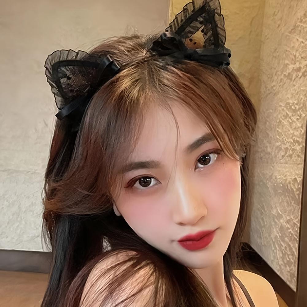 Elegant Black Lace Cat Ear Headband for Women - Vintage Style, Solid Color, Cute Cartoon Kitten Ears Hair Accessory for Daily Wear, Vintage Hair Acces