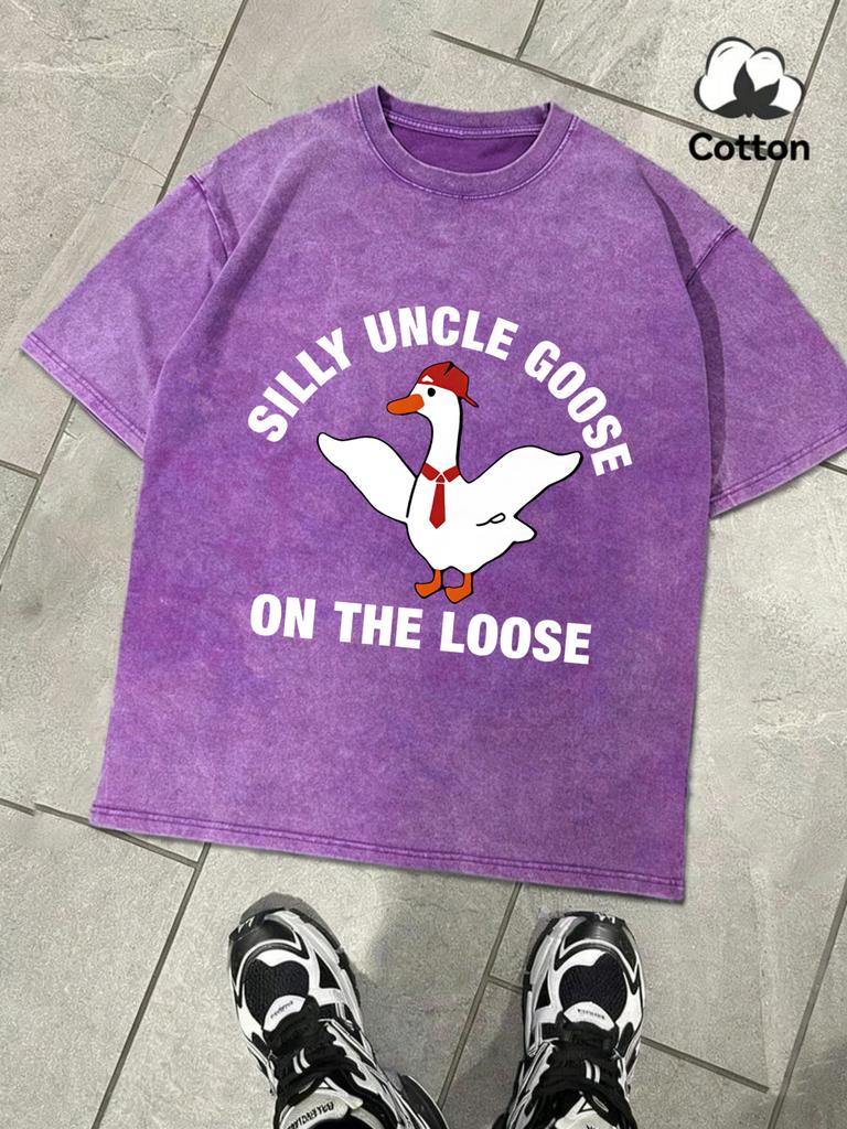 Silly Uncle Goose On The Loose Design Washed T Shirt Men Summer Loose Tops Soft Cotton Fashion Short Sleeve Unisex Retro Tee