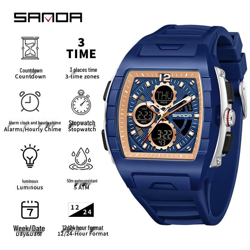 Sanda Men's Sports Barrel-Shaped Luminous Countdown Watch with Triple Time Zone and Dual Display, Waterproof Design.