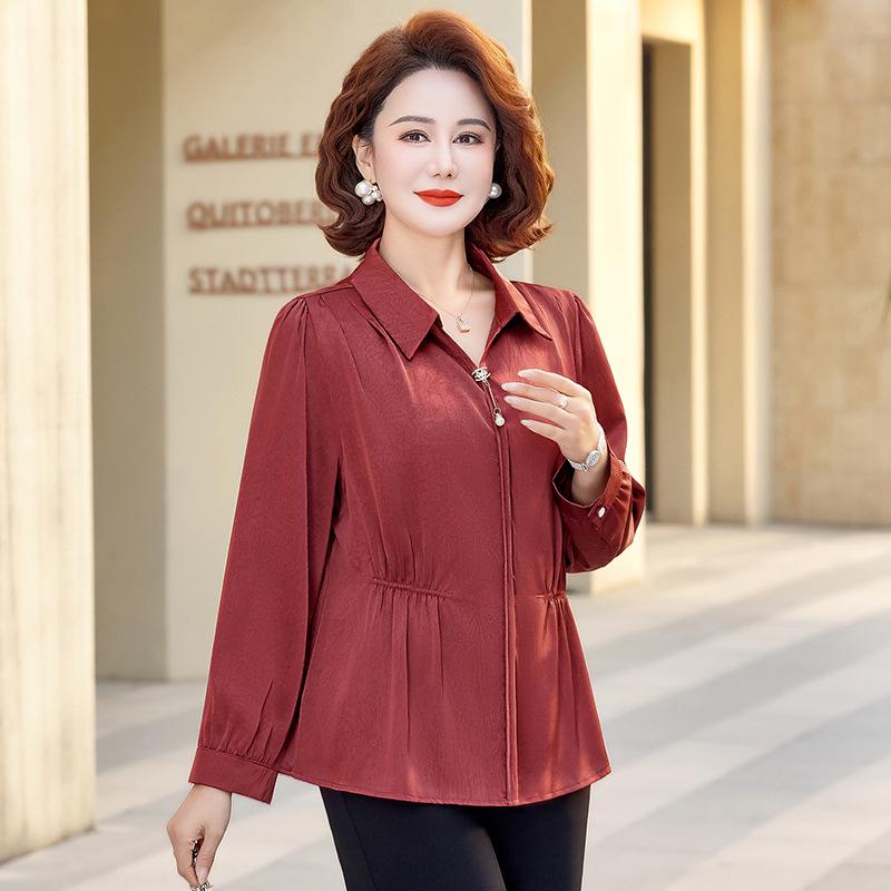 

2026 Spring & Autumn Chic Long-Sleeved Top for Middle-Aged Women 2XL (100-115 lbs) червоний