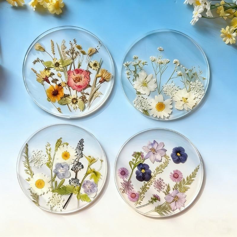 Acrylic Drink Coasters Set Of 4 Colorful Flower Printed Round Cup Mats Table Protectors For Home Office And Party Use