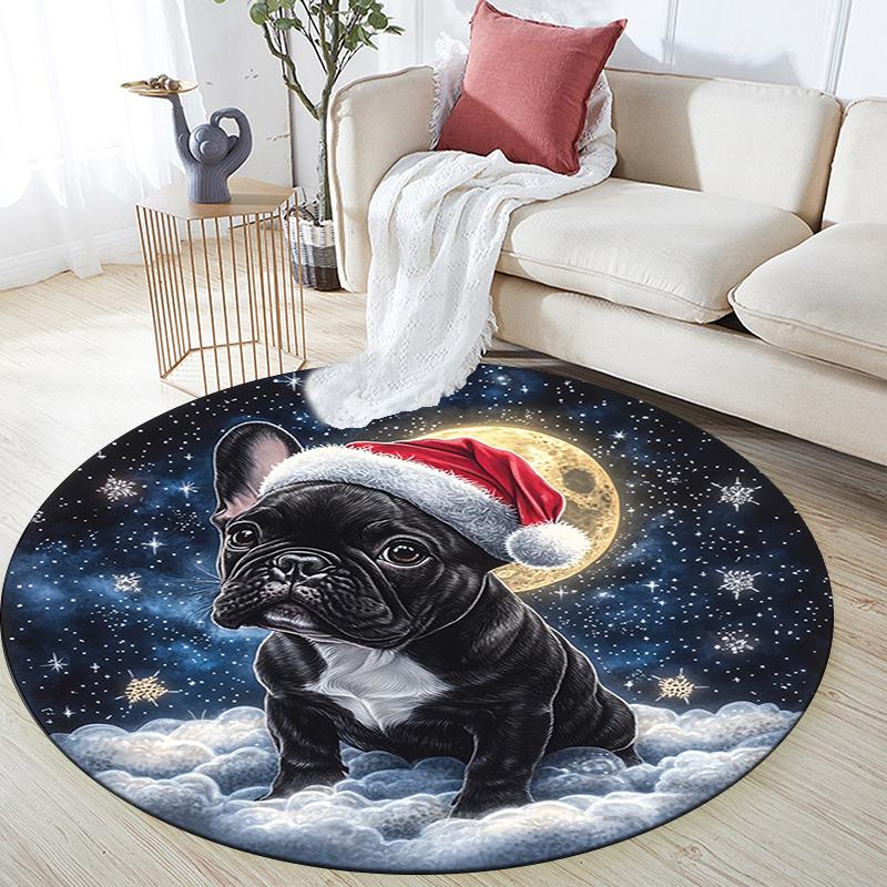 Christmas French Bulldog Round Area Rug,Carpet Rug for Living Room Bedroom Sofa Playroom Decor,Non-slip Floor Mat