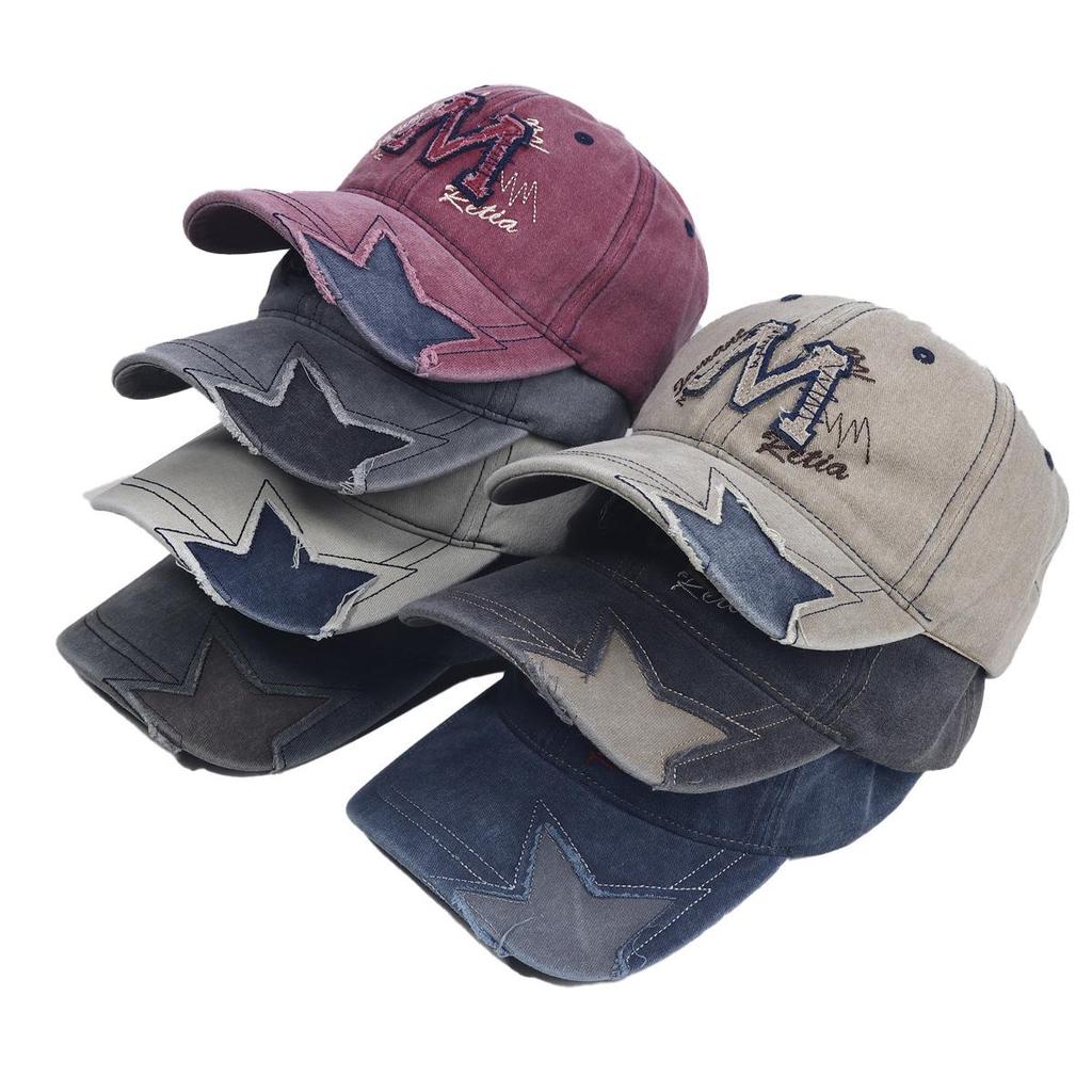 Women’s Retro Distressed Star Baseball Cap - Washed Denim Duckbill Hat with M Logo, Sun Protection, Face Slimming