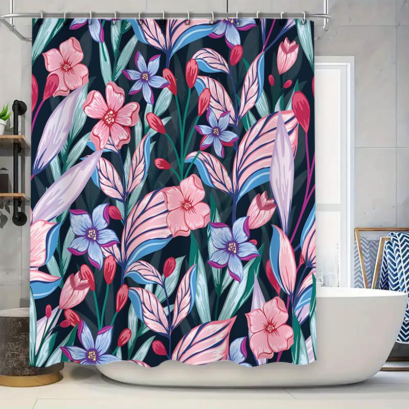 

Beautiful Bath Shower Curtain With Floral Print Pink Blue Red White Flowers Waterproof Polyester Fabric Decoration For Bathroom W60H190(CM)-1 Pcs