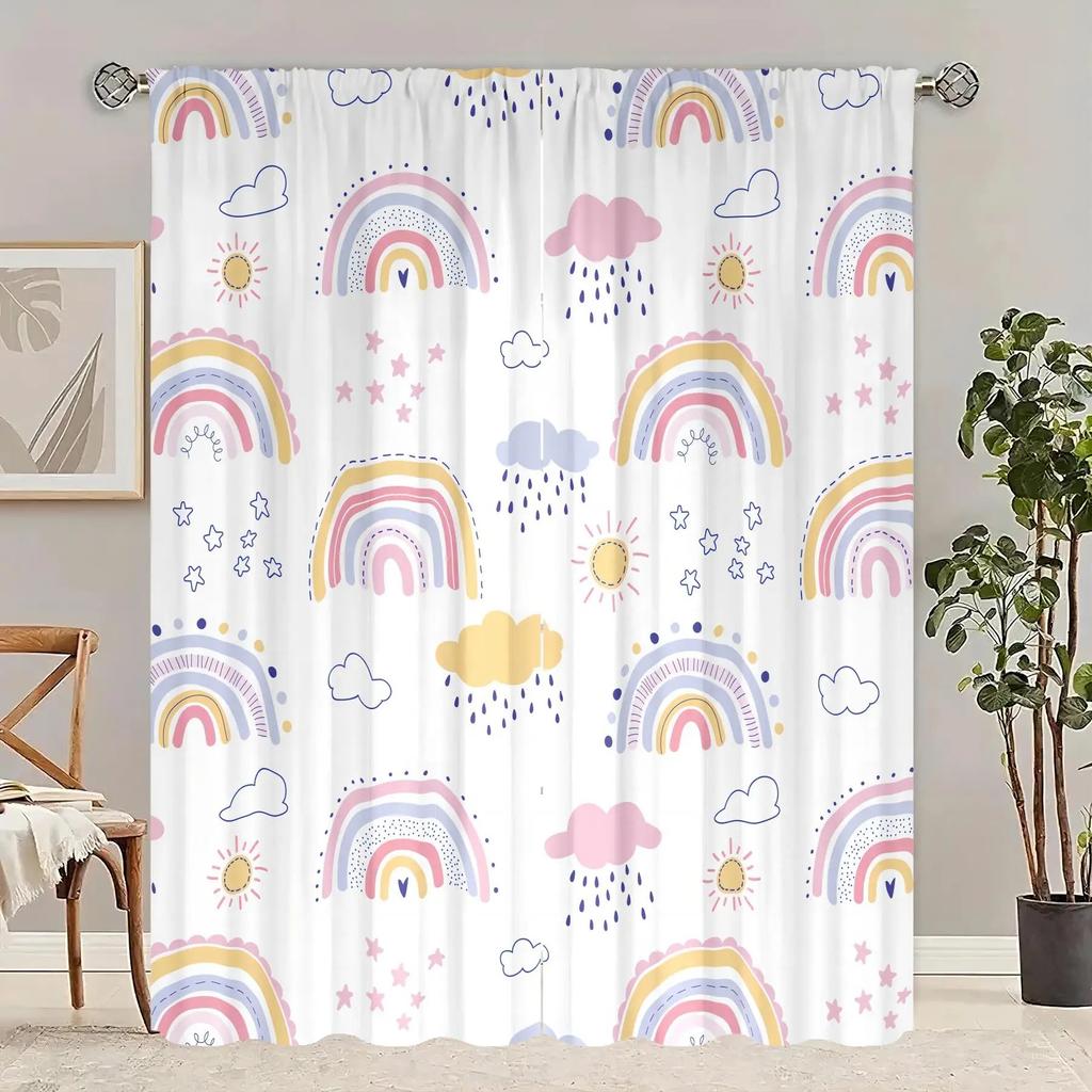 Set Of 2 Lovely Rainbow Print Curtain Polyester Nursery Decor Curtains Light Blocking Made With Rod Pocket