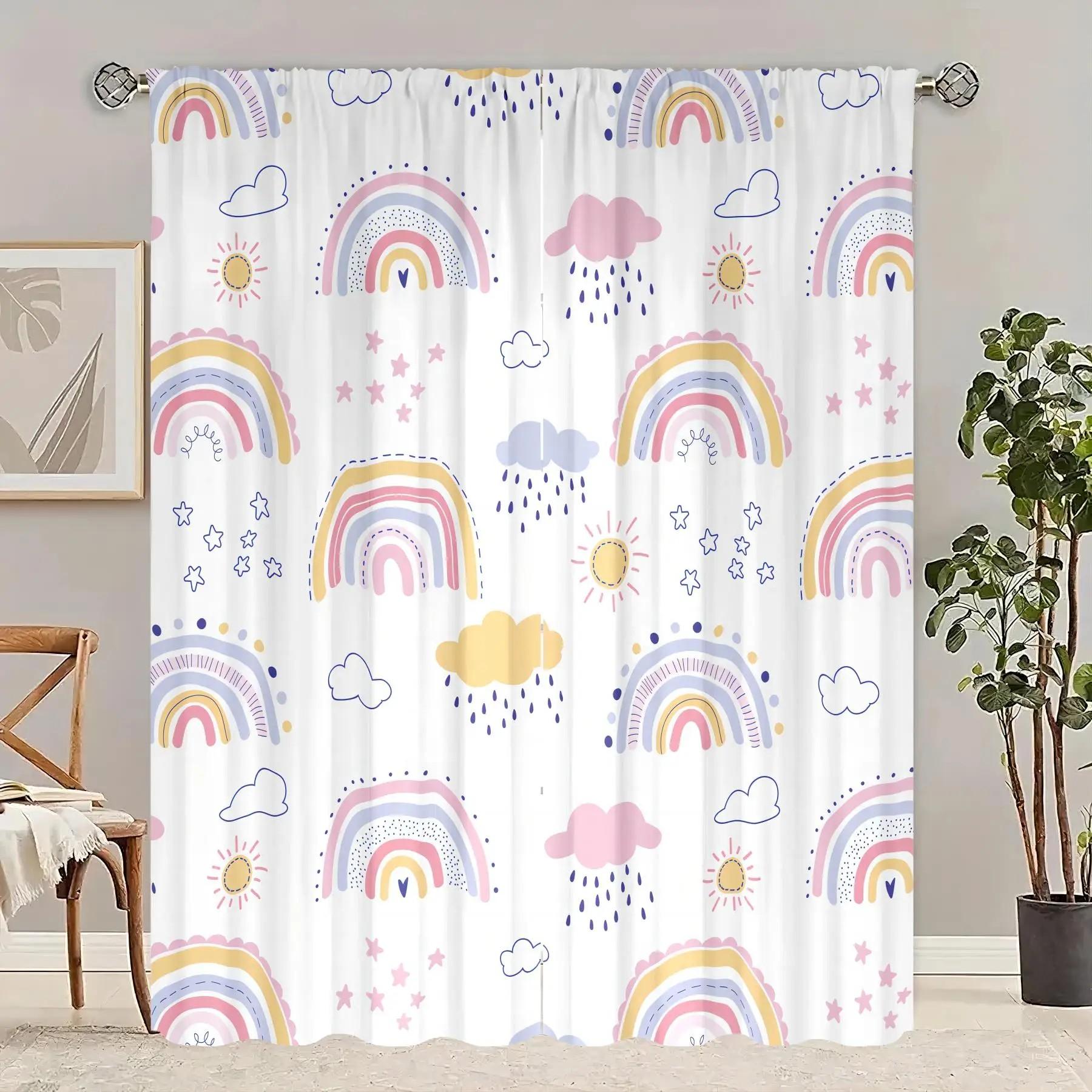2pcs Lovely Rainbow Print Curtain Room Darkening Polyester Rod Pocket Curtains 24x59in(60x150CM)x2&Rod Pocket