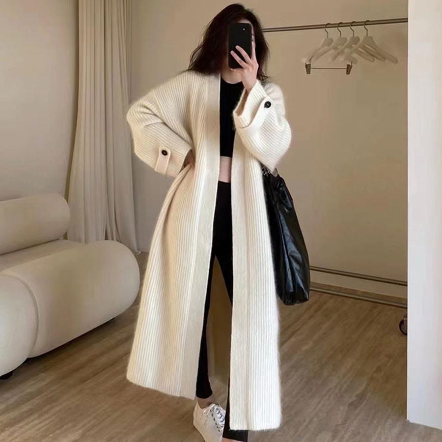 Long Knit Cardigan Sweater Women's New Style Loose Outerwear Korean Lazy Style Top Coat