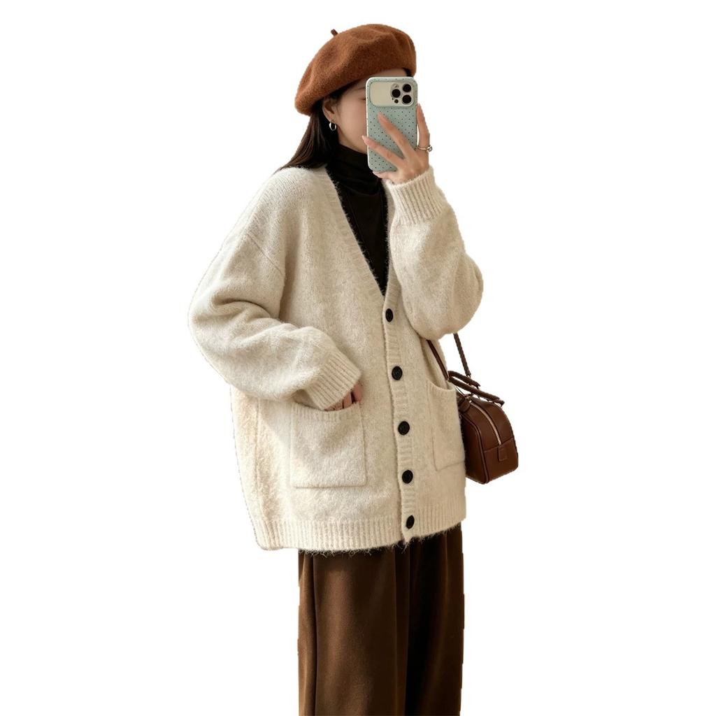 Korean version medium and long gray V-neck long-sleeved knitted cardigan women's autumn new fashion loose lazy wind sweater jacket