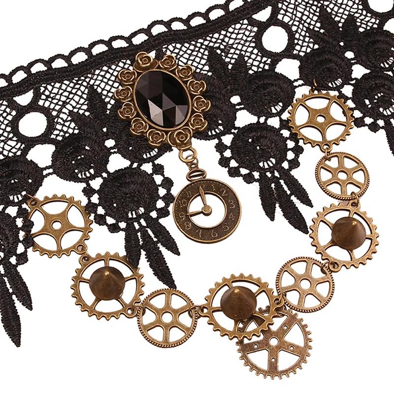 Collares Sexy Gothic Chokers Crystal Gear Chain Black Lace Neck Choker Necklace Vintage  Women Chocker Steampunk Jewelry