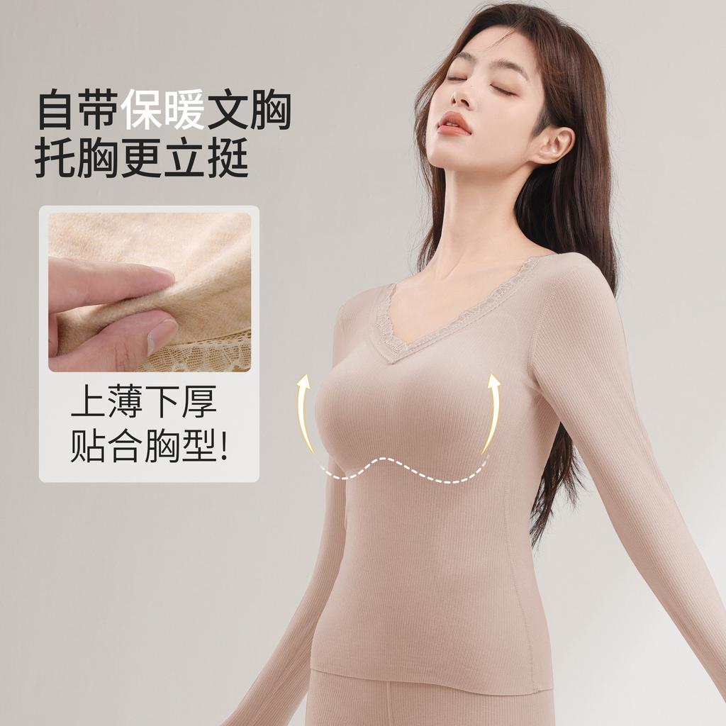 Women S Fleece Lined Thermal Underwear Set With Bra Padded Autumn Winter
