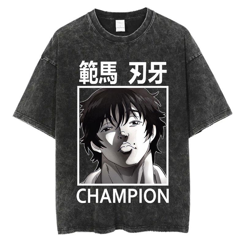 Anime Baki Washed Tshirt Harajuku Summer Cotton Short Sleeve Oversize Tees Vintage Streetwear Baki Hanma Print T-Shirt