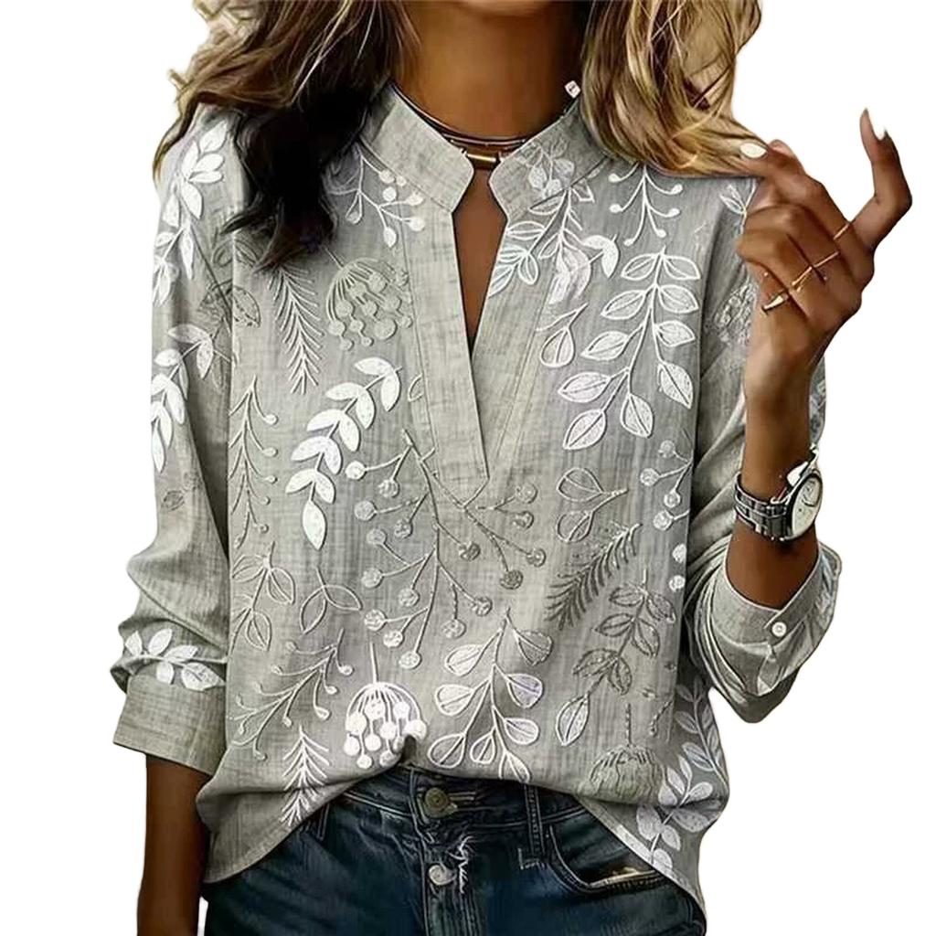 Women's Elegant Printed V-Neck Long Sleeve Slim Fit Top for Work and Everyday Wear