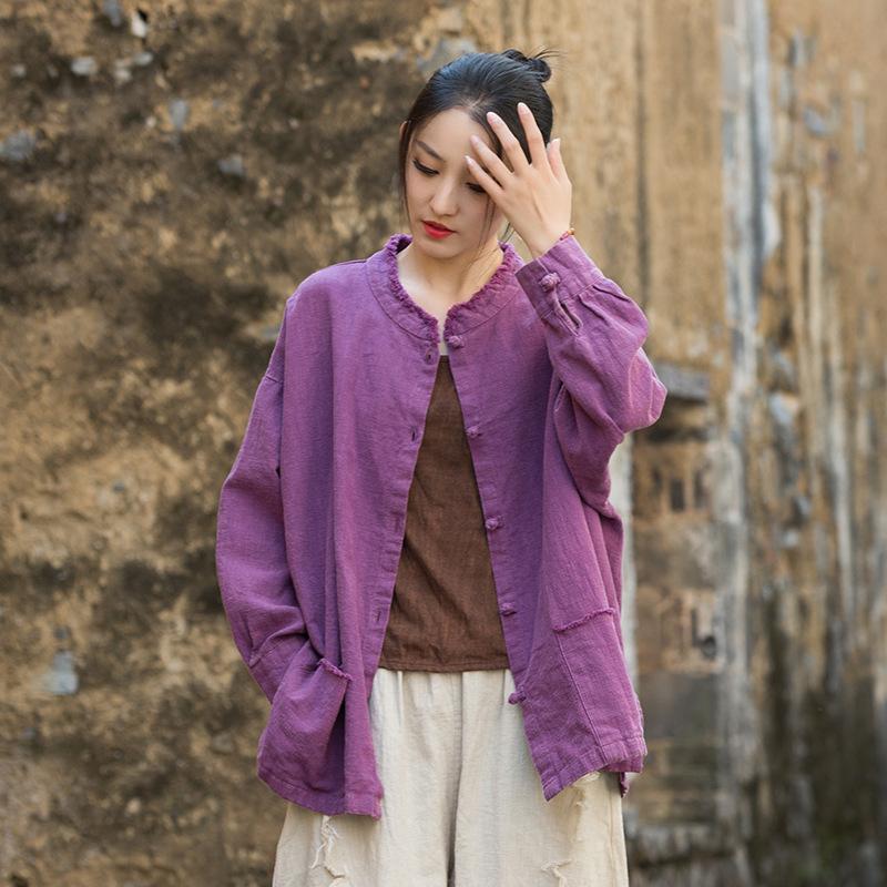 

Johnature Women Vintage Chinese Style Spring Autumn Button Solid Color Pockets Coats One Size фиолетовый