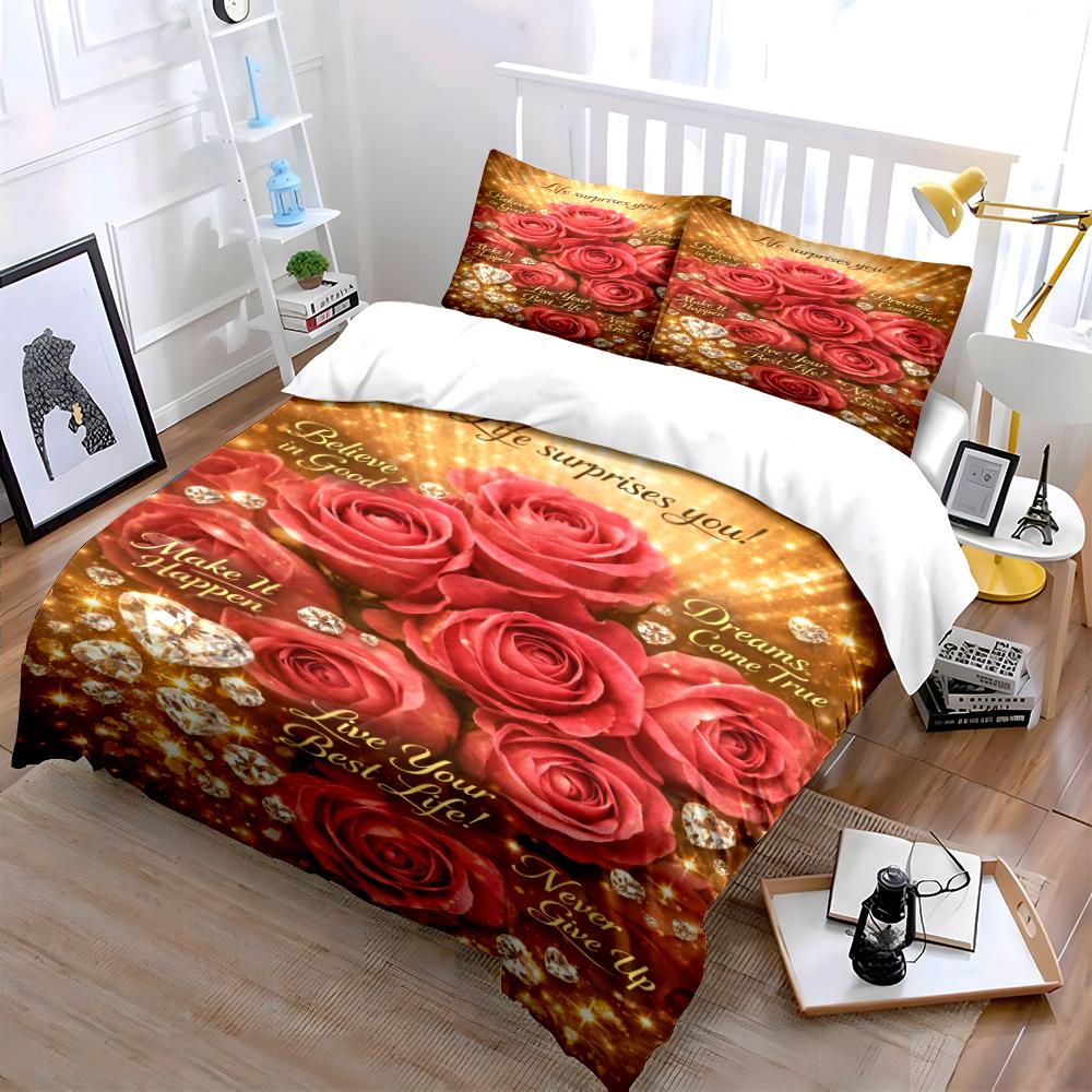 Red Rose and Quote Printed Bedding Set Bedding Set (1 Duvet Cover, 2 Pillowcases, Duvet Not Included)
