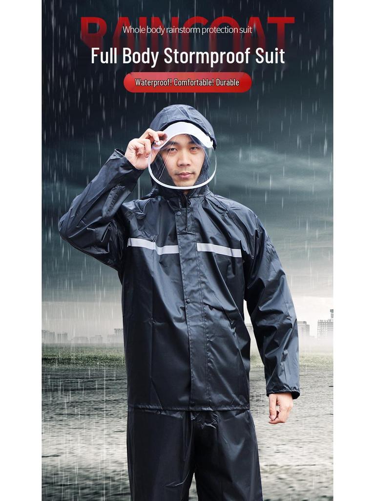 Men's Black Reflective Full-Body Raincoat and Pants Set for Motorcycle Riding