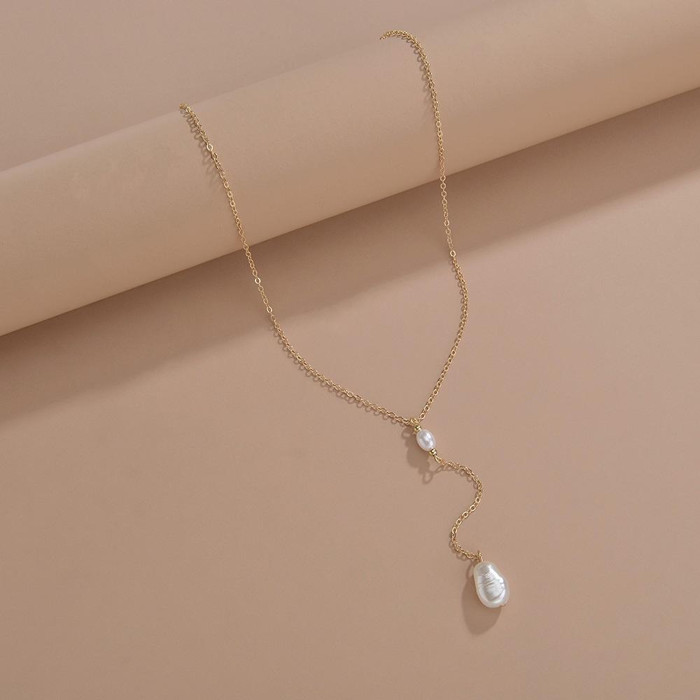 Personalized ins style, simple pearl pendant, metal long necklace, neck chain.