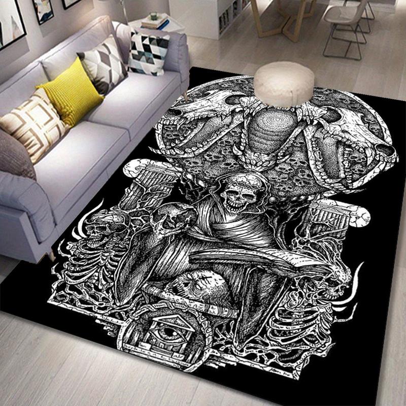 Monochrome Dragon Skull Rug for Fantasy Lovers | Detailed Skeleton Art Carpet | Gothic Home Decor Skid Resistant Carpet
