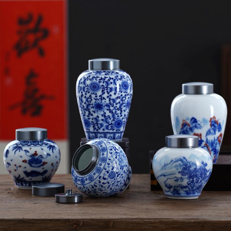 Creative Blue and White Porcelain Alloy Sealed Tea Jar Plant Landscape Ceramic Jar Moisture-proof Food Decorative Jar Home Decor