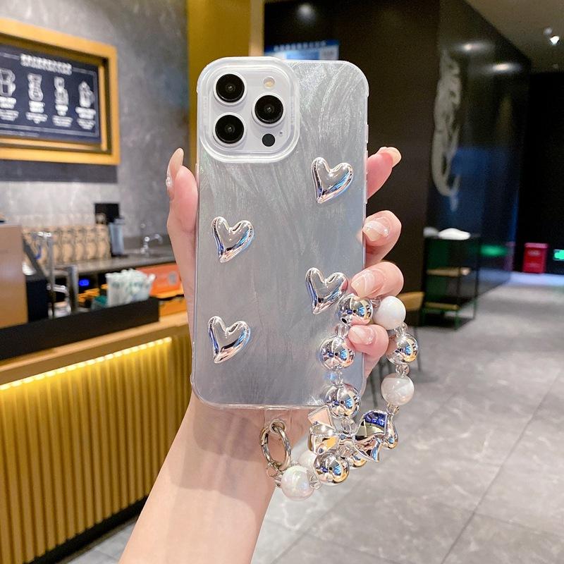 Three-dimensional pleated love is suitable for Samsung A55 mobile phone case, large hole IMD feather yarn S24Ultra premium silver bracelet.