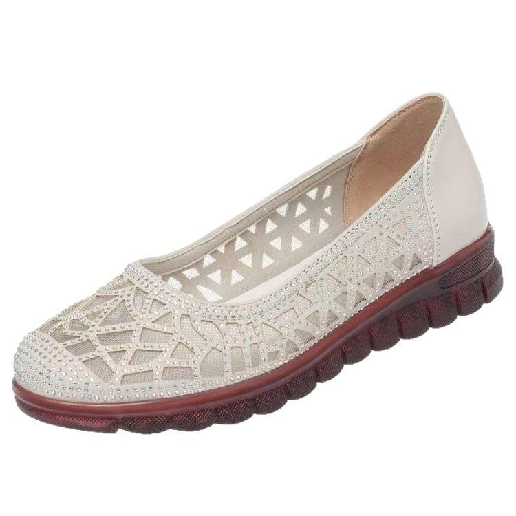 Mesh soft leather summer flat-bottomed sandals hollow breathable thin single shoes beef tendon soft-soled shoes