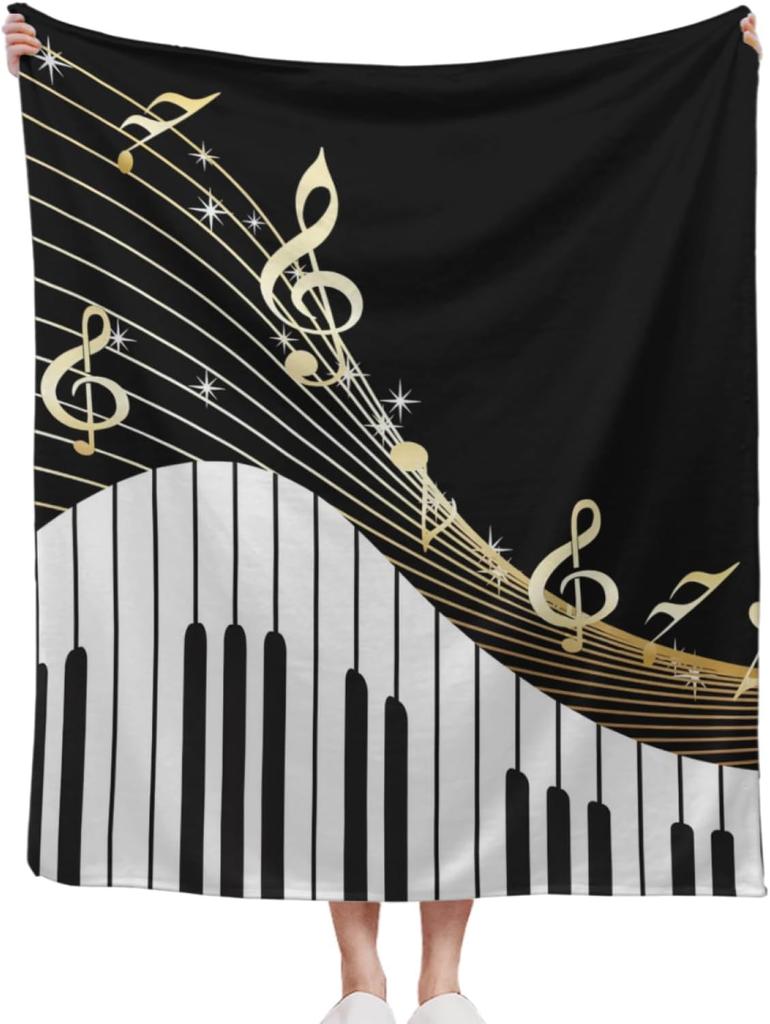 Music Theme Flannel Throw Blanket Piano Pattern Blanket King Queen Full Size for Bed Sofa Couch Music Lover Gift Super Soft Warm