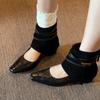 Light mouth retro low heel square head thin boots buckle inner height increase women's splicing hollow single shoes versatile woven western style