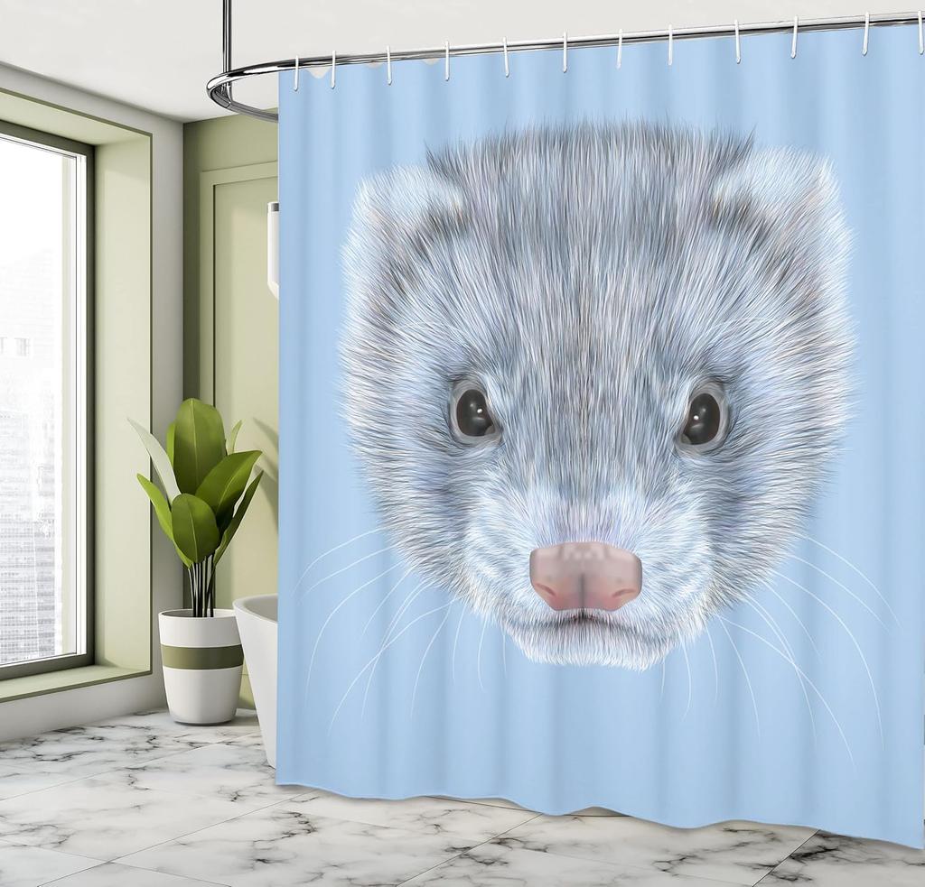 Süßes Frettchengesicht Duschvorhang Tierdruck Blauer Hintergrund Haustierliebhaber Dekor Lustige Badezimmerkunst Wildtier-Thema Badezimmerwäsche