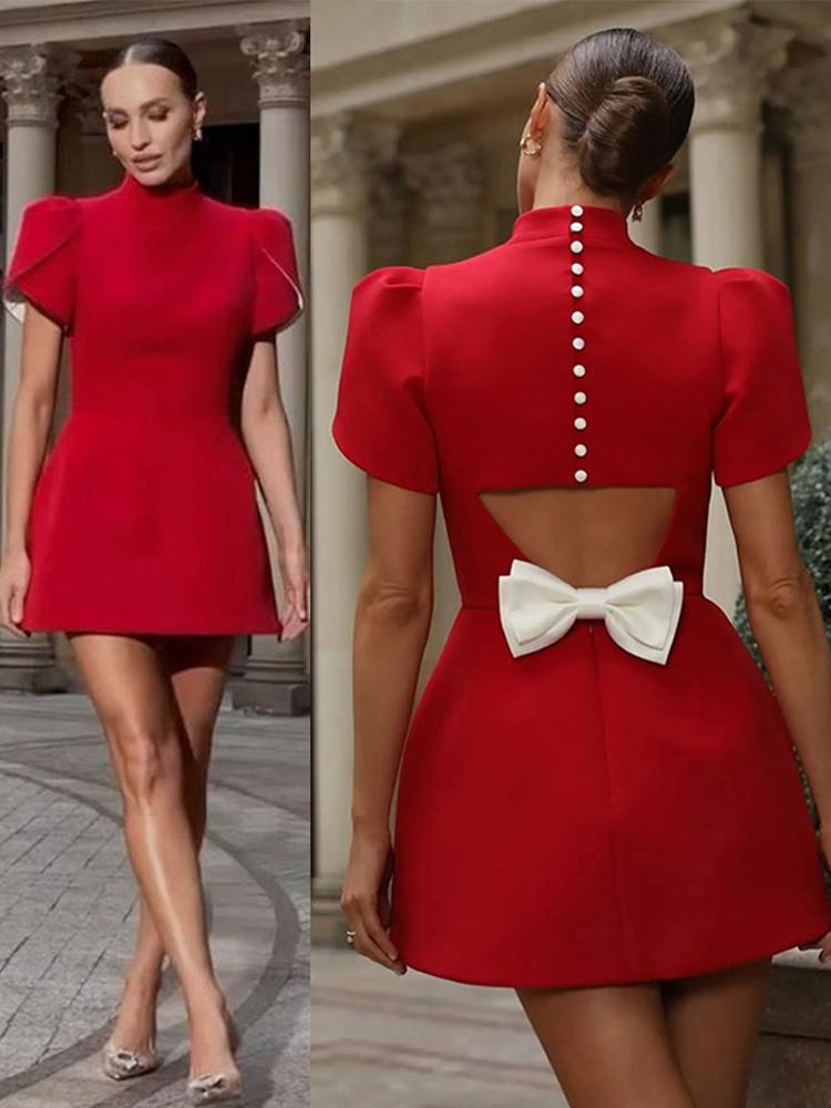 Ladies' Standing Collar Bow Short Dress Women's Short Sleeved Dress Christmas Festival Birthday Red Dress