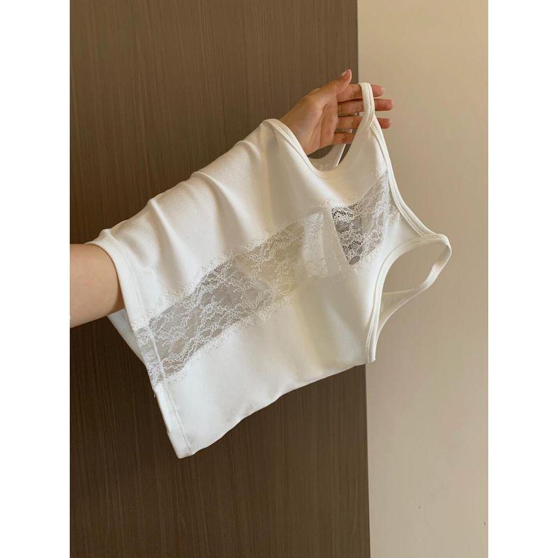 

American Black Fashion Simple With Chest Pad Inner wear Cami Women Hollow Slim fit Sleeveless Gyaru U Collar Top White XL