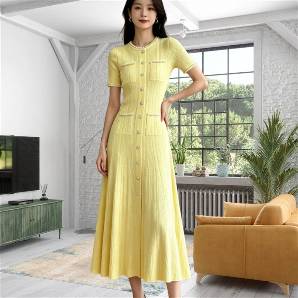 Elegant Lady Beaded Knitted Long Dress Women's Solid Short Sleeve O-Neck Single-breasted Bodycon Party Dress Female