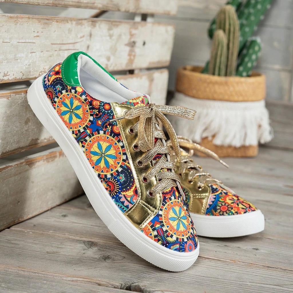 Women's Plus Size Fashion Sneakers Comfortable Lace-Up Low Floral Print Breathable Sports Shoes