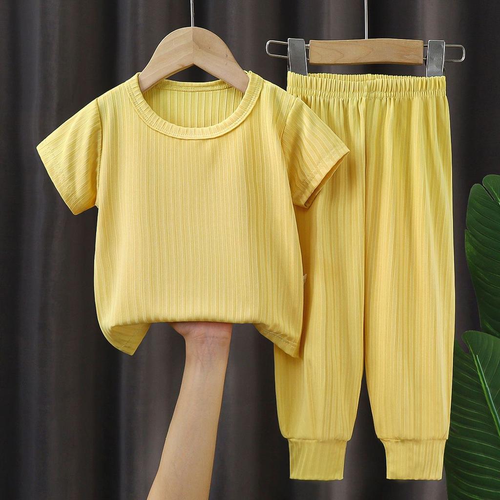 Kinder-Nachtwäsche Klimaanlagen-Kleidung Kurzarm-Set Eisseide Zweiteiliges Set Sommer Mädchen Hauskleidung für mittlere und kleine Kinder